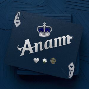 Elegant navy blue card featuring "Anam" in shining silver script, topped with a sapphire-studded crown.