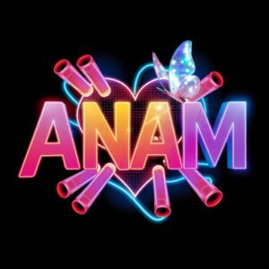 Electrifying "Anam Name DP" featuring neon lettering, a digital heart, and a shimmering butterfly design.