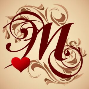 Vintage cursive 'M' in dark maroon with decorative flourishes and a classic red heart, ideal for a name DP."