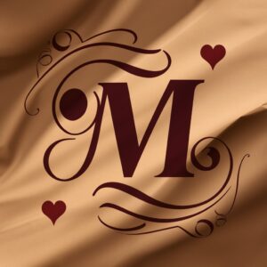 Elegant vintage-style 'M' with a small red heart and maroon flourishes, perfect for a retro name DP."