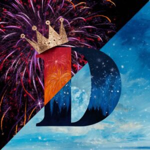 Vibrant name DP image of the letter 'D' with colorful fireworks and a serene night sky."