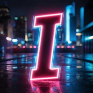 Vibrant neon "I" standing out against a bustling downtown city backdrop.