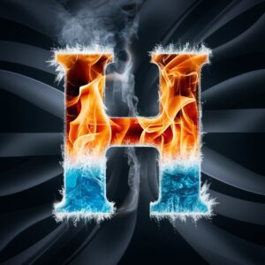 Bold H design featuring fire and ice contrast