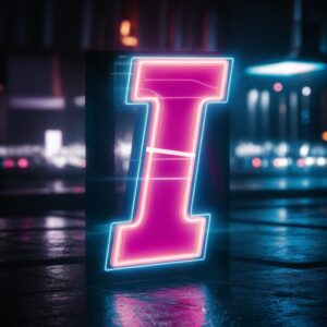 Glowing "I" in neon lights, reflected on wet streets with blurred city lights