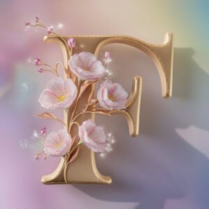 Elegant 'F' wrapped in blooming flowers, glowing softly in a magical pastel-hued environment."