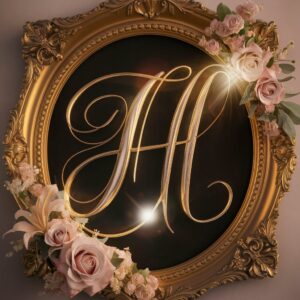 Cursive H name wallpaper with a glowing golden frame and roses