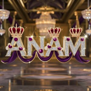 Anam" written in sparkling gold, adorned with rubies and sapphires, set in a regal palace interior.