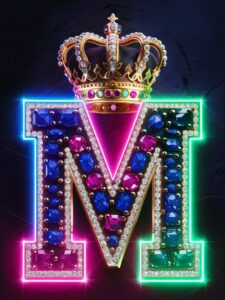 A luxurious gold letter 'M' encrusted with jewels, glowing under vibrant neon lights with a gemstone crown."