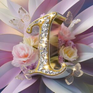 "A radiant 3D letter 'I' adorned with sparkling crystals, surrounded by pastel flowers." 