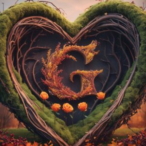 Twig and moss heart with a wooden letter 'G,' surrounded by orange roses and red berries on a rustic backdrop."