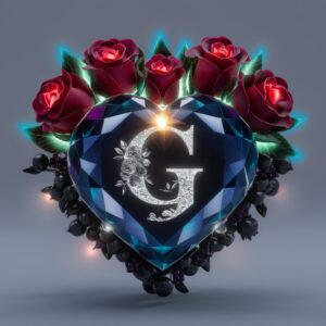 Mystical heart-shaped gemstone with the letter 'G' illuminated at the center, framed by red roses and berries."