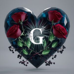 Gemstone heart with letter 'G' centerpiece, surrounded by roses and berries, creating a mystical night feel