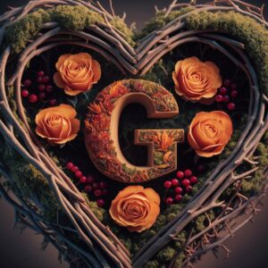 Natural heart design with carved 'G' in wood, accented by red berries and orange roses."