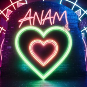 "A neon green and red heart design with 'Anam' name DP in neon pink, glowing against an urban backdrop