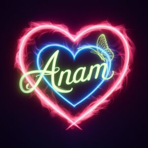 Dark background with neon hearts and 'Anam' in glowing neon green font, ideal for a neon-style name DP