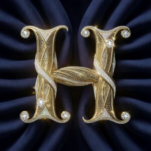 Golden filigree letter H with sparkling diamonds on a velvet background."