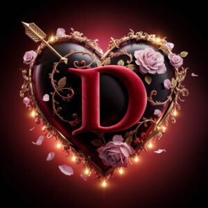 Elegant 3D heart showcasing the letter 'D' with golden vines and a red-to-black gradient background