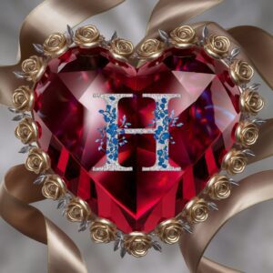 "A radiant ruby crystal heart with silver 'H' and intricate sapphire-blue floral designs, surrounded by golden roses."