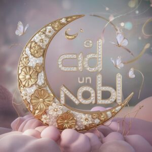 Luxurious "Eid Un Nabi" in pearl and gold, with delicate flowers and ethereal clouds.