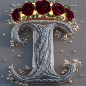 Majestic name DP with the letter 'I' in radiant gold, wrapped in royal roses and silver details."