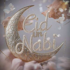 Soft pearl "Eid Un Nabi" glowing in gold, adorned with butterflies and a dreamlike background.