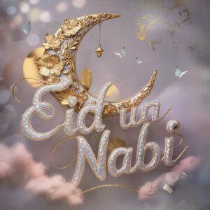 A dreamy pearl and gold "Eid Un Nabi" with fluttering butterflies and soft bokeh lighting