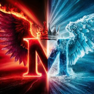 Dynamic Name DP with a red and blue "M" illuminated by opposing fire and ice themes