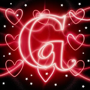 Neon script 'G' with bright red and pink heart shapes and stars, radiating a passionate vibe."