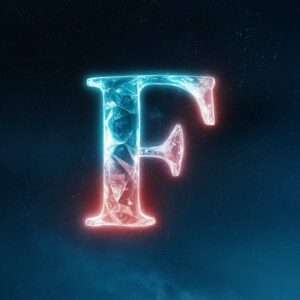 Reflecting blue and pink light, the name "F" shines brilliantly in this crystal-inspired name DP.