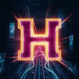 Vibrant neon H letter glowing against a dark urban backdrop