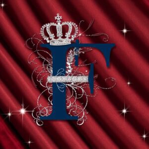 A velvet royal red backdrop enhances the sapphire letters of "F" in this luxurious name DP.