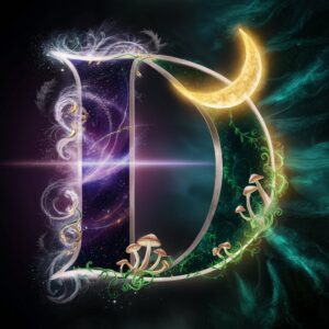 Mystical name DP image featuring the letter 'D' with cosmic and enchanted forest elements."