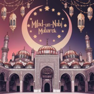 Luxurious Milad-un-Nabi Mubarak design featuring ornate stars, rich colors, and Andalusian architecture.