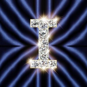 Royal blue velvet background with diamond-encrusted 'I' letter, stunning name DP."