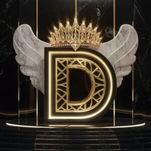 Golden letter 'D' with sculpted marble wings, crowned with a jewel-encrusted Art Deco headpiece."