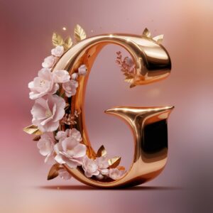 Elegant gold letter 'G' wrapped in delicate floral accents on a soft pink gradient background.