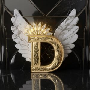 Elegant 'D' artwork, crowned and winged in a timeless Art Deco style with lavish golden details."