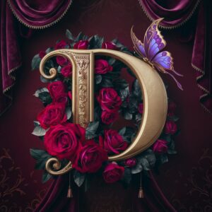 Ornate gold 'D' surrounded by crimson roses and a royal butterfly, set on a deep velvet background