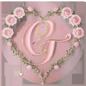 Elegant gold-outlined 'G' with a hanging golden heart charm, set against a blush gradient background."