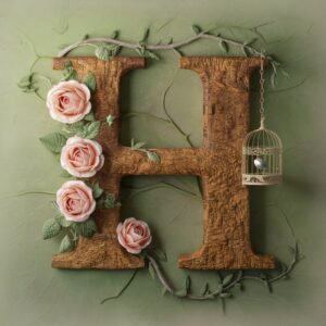 Rustic wooden letter 'H' wrapped with blooming roses and vines, set on a pastel green background