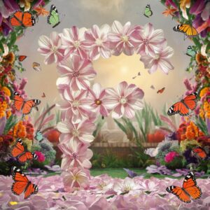 A vibrant garden scene highlights the name "F" as butterflies gently hover in this name DP.