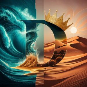 Stunning name DP image of the letter 'D' blending ocean waves and sandy desert elements."