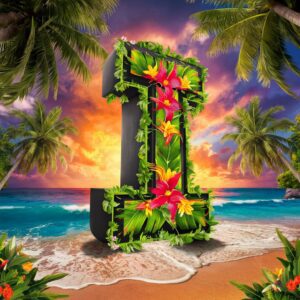 Vibrant 3D letter 'I' surrounded by lush tropical flowers and palm trees."