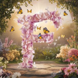 The name "F" is beautifully crafted from blossoms, with glowing butterflies creating an enchanting name DP.