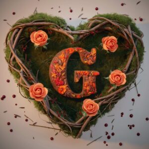 Autumn-themed heart made of branches, featuring the letter 'G' and vibrant fall flowers."