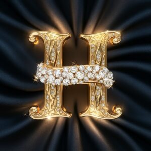 Elegant gold letter H shining with diamonds and rich filigree details."