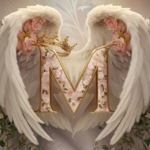 Elegant Name DP featuring a gold "M" with glowing pink floral accents and soft white wings.