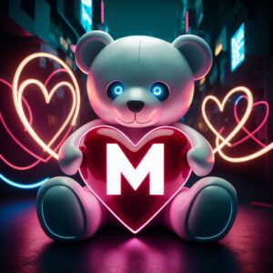 Dynamic name DP with a neon-style teddy bear holding a red heart, glowing in a city of lights."