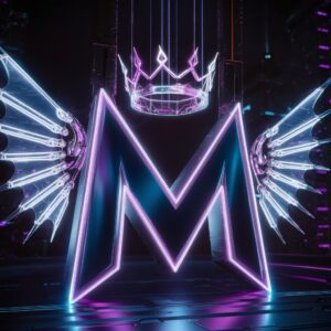 Neon-inspired Name DP with a metallic "M" surrounded by light-beam wings and a cityscape backdrop.