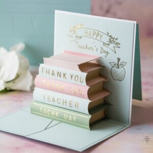 Pastel-themed Teacher's Day card featuring a delicate floral banner and pop-up books."